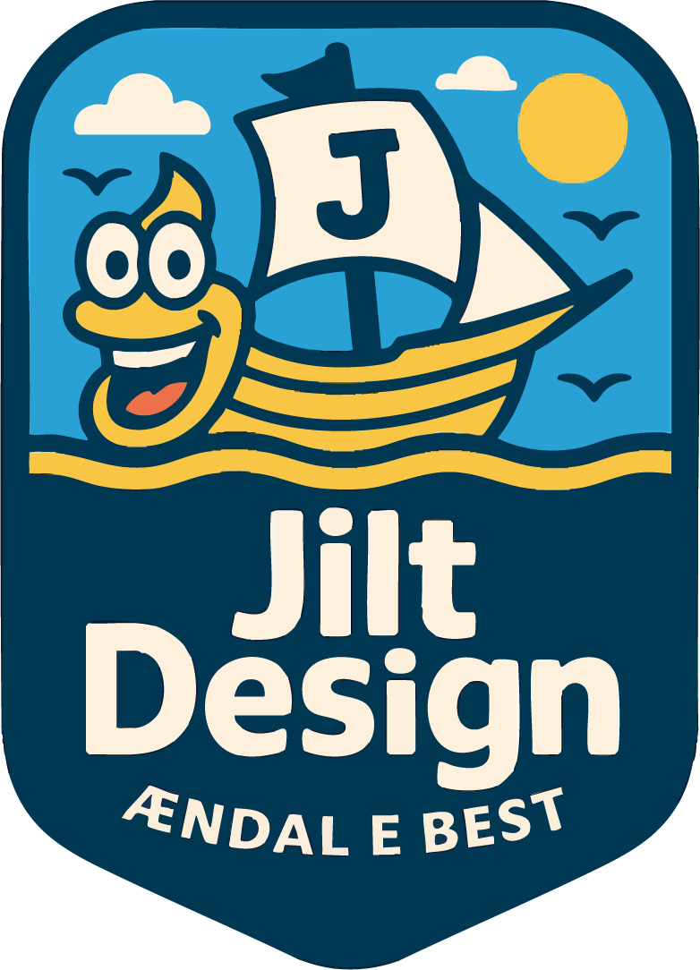 logoen til jilt design, bilde er av en karrikatur av ett seilskip som har ett leedende ansikt, omgivelsene er ute på havet, med teksten under skipet som symboliserer sjøen, med teksten "Ændal e best"